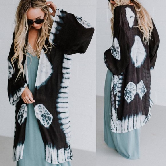 🚨 1 LEFT!  Tie-Dye Longline Kimono w/Full Sleeves Black - Picture 2 of 6